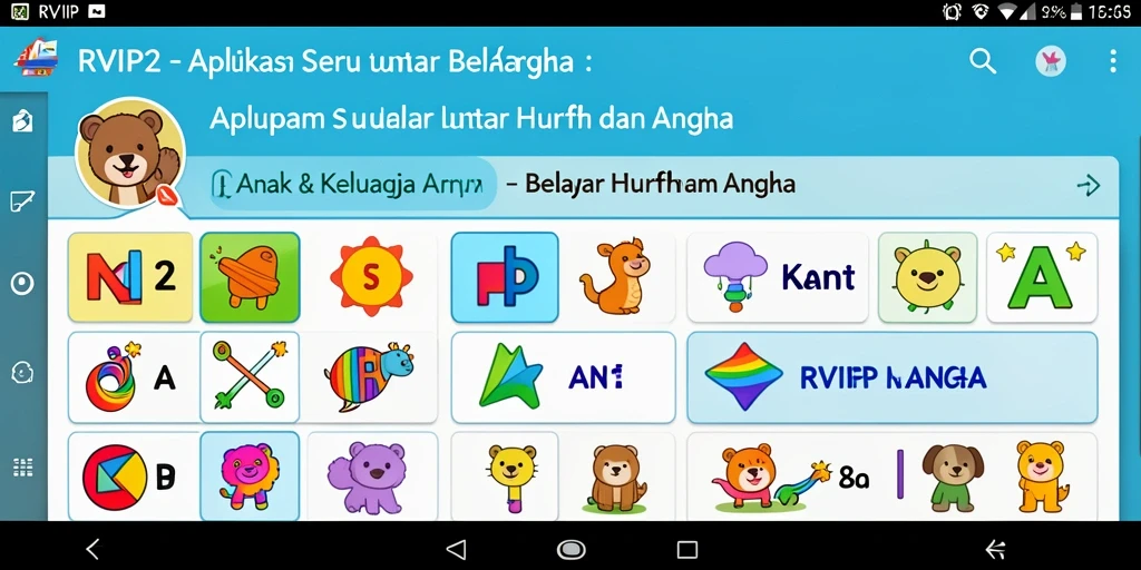 Tampilan antarmuka RVIP2 yang menarik untuk belajar huruf dan angka.
